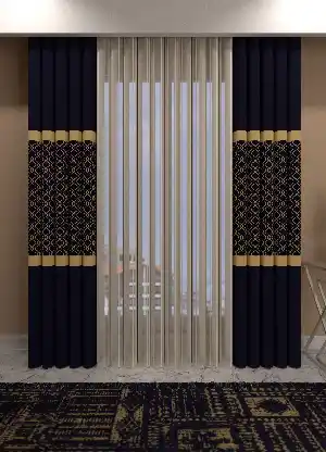 Baskılı Akıllı Tül Perde Lacivert Altın Renk Modern Desenli Tül Dikey Zebra Perde 1. Kalite