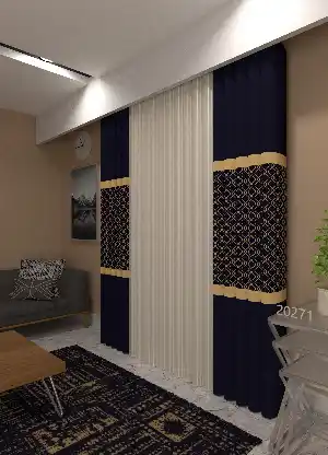Baskılı Akıllı Tül Perde Lacivert Altın Renk Modern Desenli Tül Dikey Zebra Perde 1. Kalite