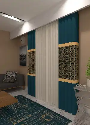 Baskılı Akıllı Tül Perde Petrol Mavisi Renk Modern Desenli Tül Dikey Zebra Perde 1. Kalite
