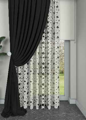 Füme Renkli Yıldız Desenli Keten Zemin Baskılı Tül Perde - Çocuk Odası