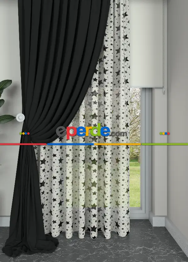 Füme Renkli Yıldız Desenli Keten Zemin Baskılı Tül Perde - Çocuk Odası