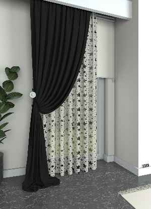 Füme Renkli Yıldız Desenli Keten Zemin Baskılı Tül Perde - Çocuk Odası