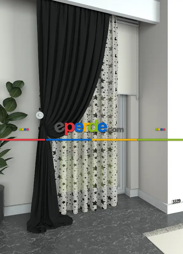 Füme Renkli Yıldız Desenli Keten Zemin Baskılı Tül Perde - Çocuk Odası