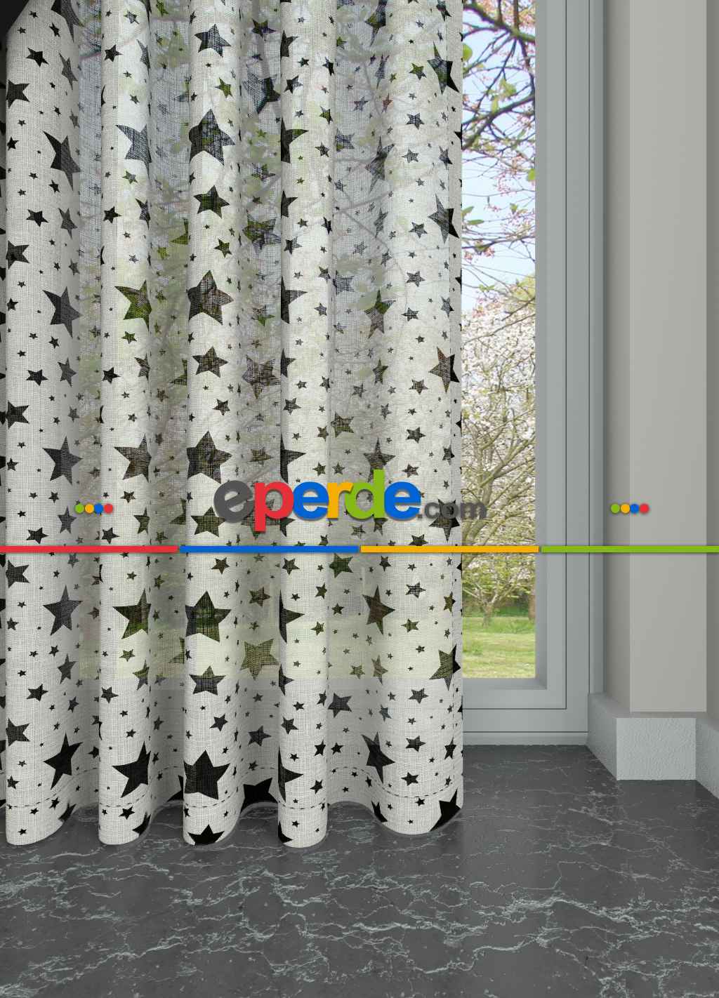 Füme Renkli Yıldız Desenli Keten Zemin Baskılı Tül Perde - Çocuk Odası
