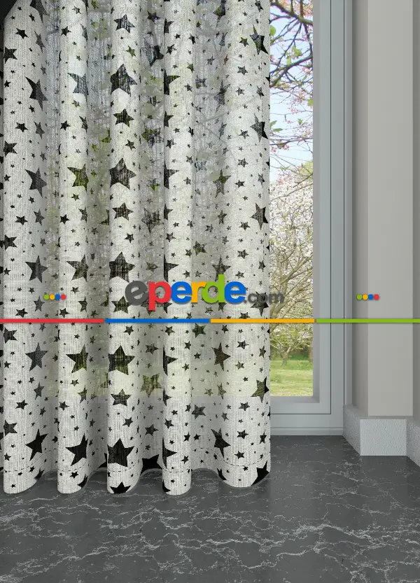 Füme Renkli Yıldız Desenli Keten Zemin Baskılı Tül Perde - Çocuk Odası