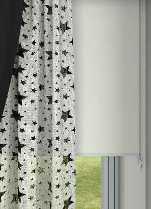 Füme Renkli Yıldız Desenli Keten Zemin Baskılı Tül Perde - Çocuk Odası