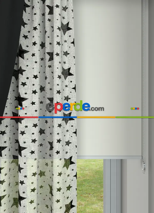 Füme Renkli Yıldız Desenli Keten Zemin Baskılı Tül Perde - Çocuk Odası