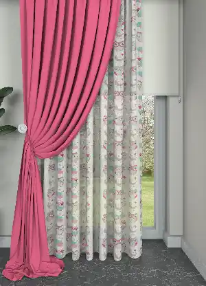 Çocuk Odası Tül - Ekru- Pembe Baykuş Desenli Keten Zemin Baskılı Tül Perde (( Açıklamayı Okuyunuz ))