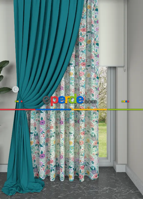 Pembe Mavi Rengarenk Çiçek Desenli Keten Zemin Baskılı Tül Perde - Mutfak