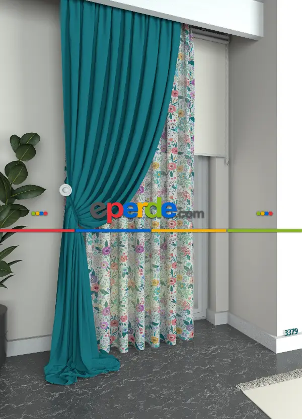 Pembe Mavi Rengarenk Çiçek Desenli Keten Zemin Baskılı Tül Perde - Mutfak