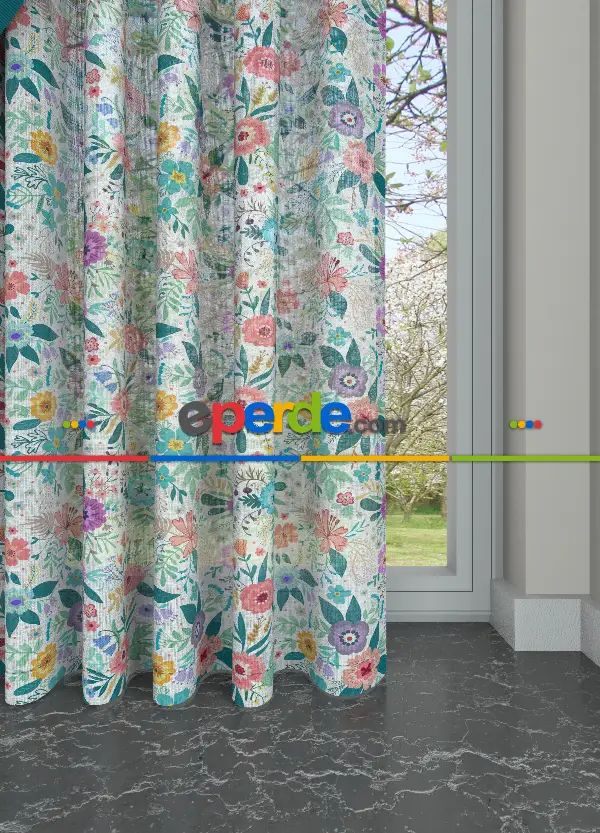 Pembe Mavi Rengarenk Çiçek Desenli Keten Zemin Baskılı Tül Perde - Mutfak