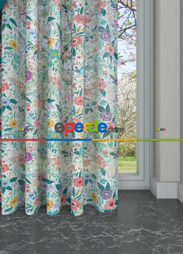 Pembe Mavi Rengarenk Çiçek Desenli Keten Zemin Baskılı Tül Perde - Mutfak