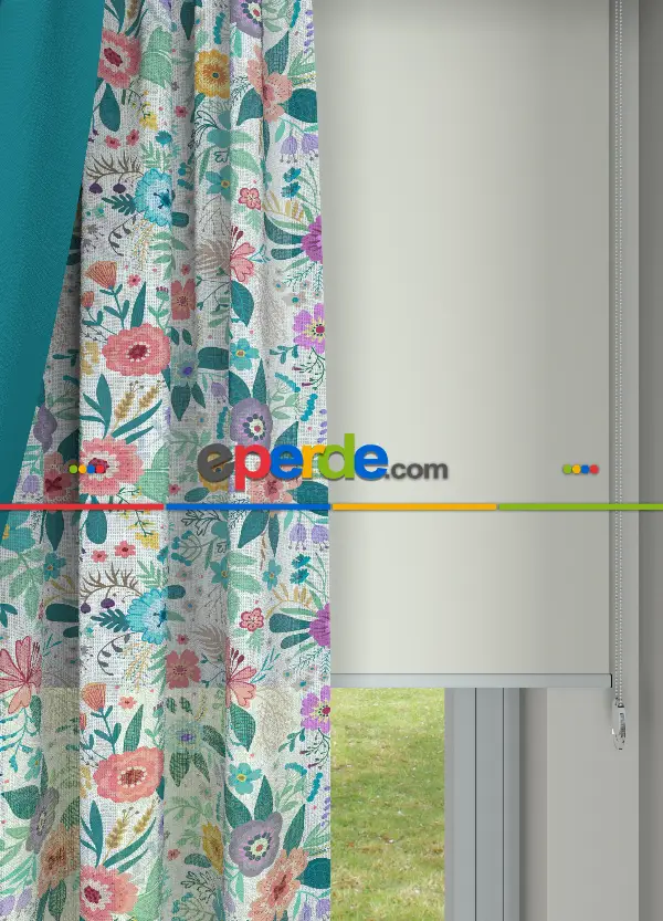 Pembe Mavi Rengarenk Çiçek Desenli Keten Zemin Baskılı Tül Perde - Mutfak