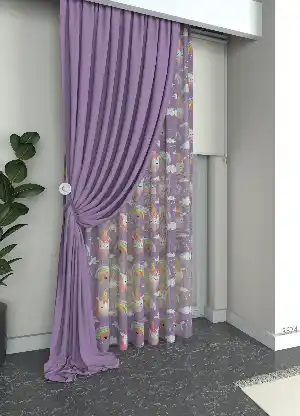 Çocuk Odası Tül - Mor Pembe Unicorn ve Gökkuşağı Desenli Keten Zemin Baskılı Tül Perde (( Açıklamayı Okuyunuz ))