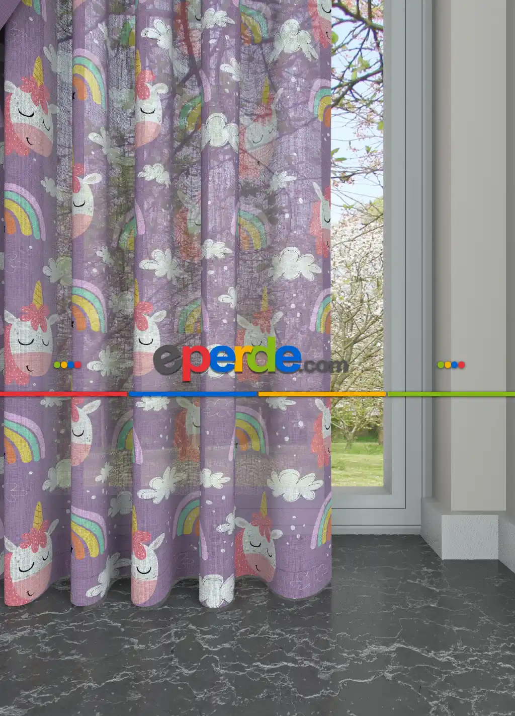 Çocuk Odası Tül - Mor Pembe Unicorn ve Gökkuşağı Desenli Keten Zemin Baskılı Tül Perde (( Açıklamayı Okuyunuz ))