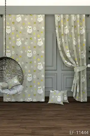 Bebek Odası - Dökümlü Kumaştan Yeşilimsi Gri Baykuş Desenli Baskılı Fon Perde Geniş En 1. Kalite
