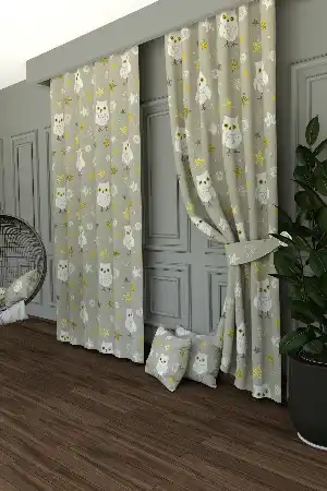 Bebek Odası - Dökümlü Kumaştan Yeşilimsi Gri Baykuş Desenli Baskılı Fon Perde Geniş En 1. Kalite