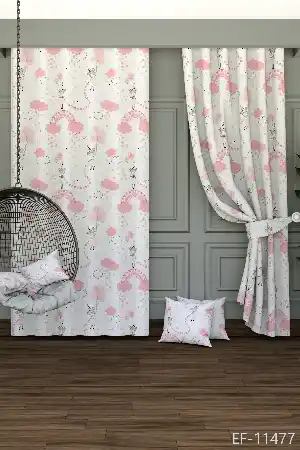 Bebek Odası - Dökümlü Kumaştan Pembe Sevimli Kız Desenli Baskılı Fon Perde Geniş En 1. Kalite