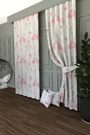 Bebek Odası - Dökümlü Kumaştan Pembe Sevimli Kız Desenli Baskılı Fon Perde Geniş En 1. Kalite