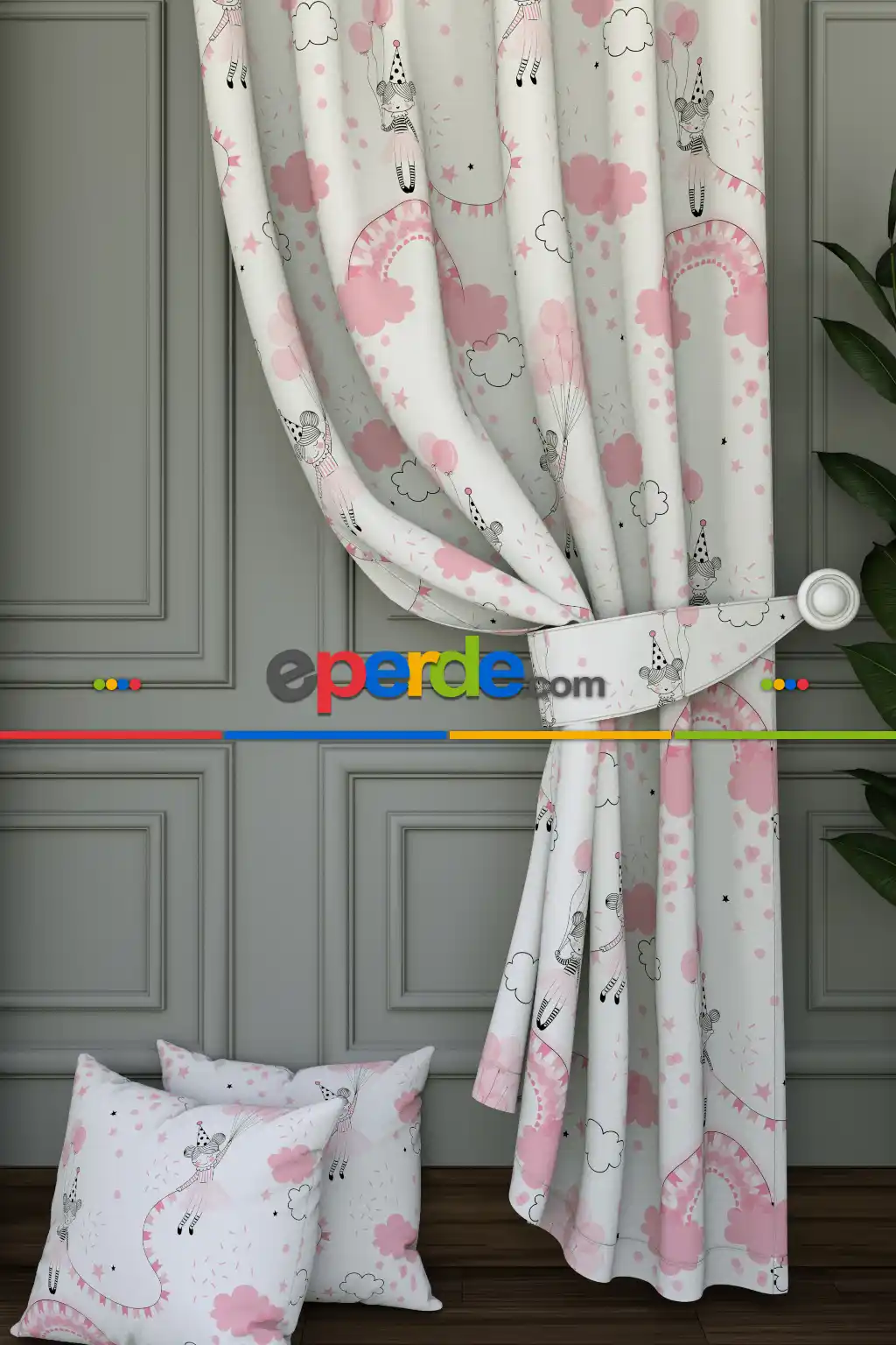 Bebek Odası - Dökümlü Kumaştan Pembe Sevimli Kız Desenli Baskılı Fon Perde Geniş En 1. Kalite