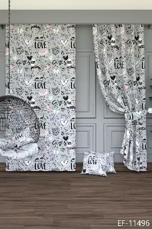 Dökümlü Kumaştan Açık Gri Love ve Çilek Desenli Baskılı Fon Perde Geniş En 1. Kalite