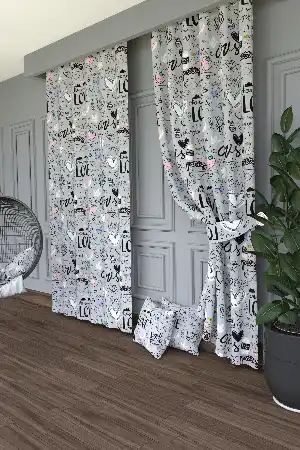 Dökümlü Kumaştan Açık Gri Love ve Çilek Desenli Baskılı Fon Perde Geniş En 1. Kalite