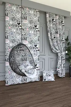 Dökümlü Kumaştan Açık Gri Love ve Çilek Desenli Baskılı Fon Perde Geniş En 1. Kalite