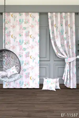 Dökümlü Kumaştan Pembe Mint Unicorn ve Çiçek Desenli Baskılı Fon Perde Geniş En 1. Kalite