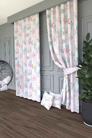 Dökümlü Kumaştan Pembe Mint Unicorn ve Çiçek Desenli Baskılı Fon Perde Geniş En 1. Kalite