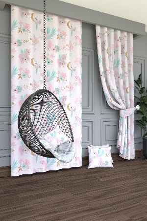 Dökümlü Kumaştan Pembe Mint Unicorn ve Çiçek Desenli Baskılı Fon Perde Geniş En 1. Kalite