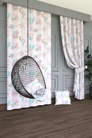 Dökümlü Kumaştan Pembe Mint Unicorn ve Çiçek Desenli Baskılı Fon Perde Geniş En 1. Kalite