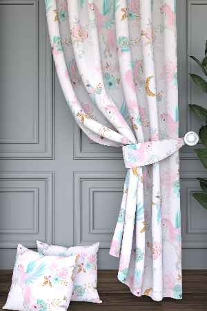 Dökümlü Kumaştan Pembe Mint Unicorn ve Çiçek Desenli Baskılı Fon Perde Geniş En 1. Kalite