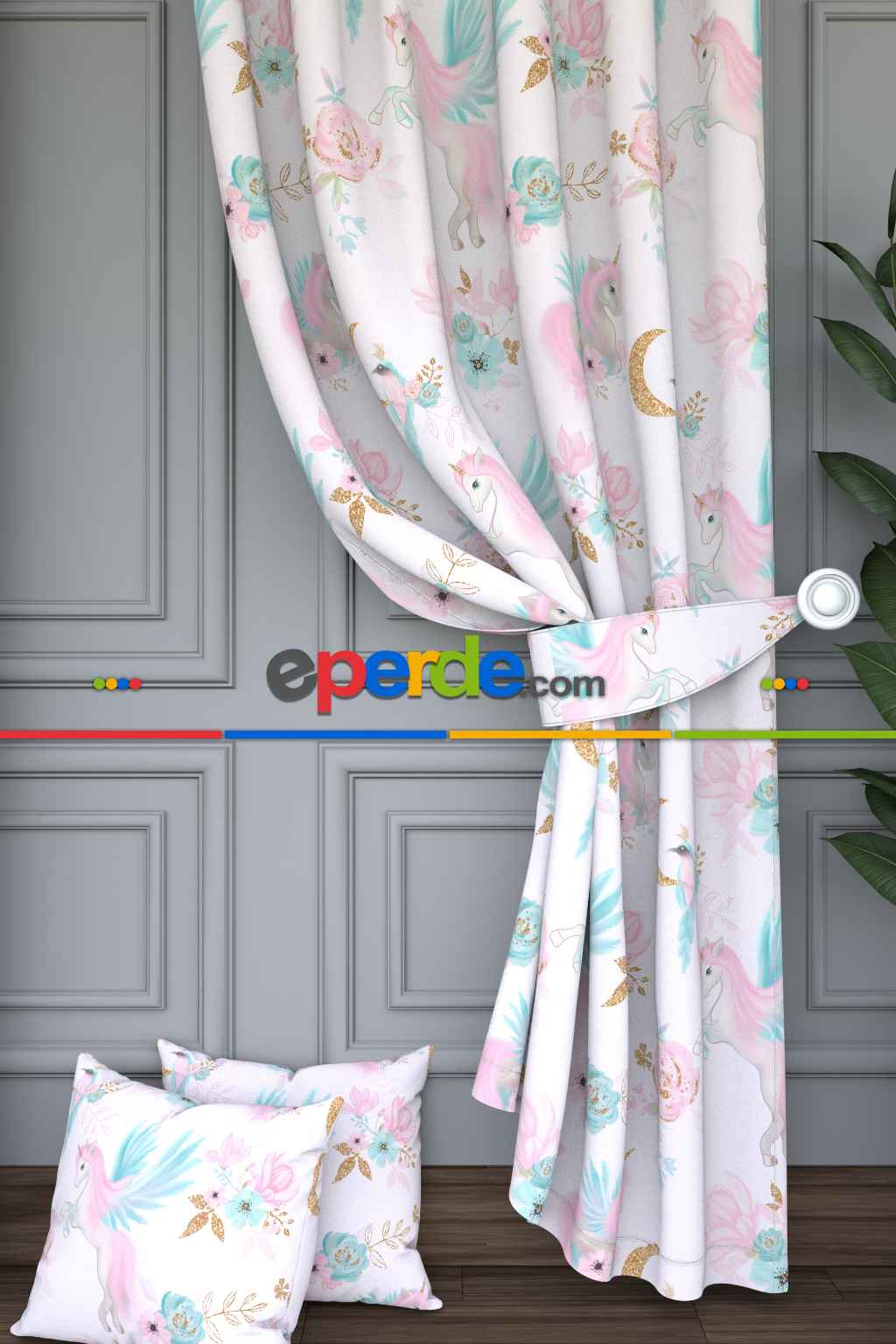 Dökümlü Kumaştan Pembe Mint Unicorn ve Çiçek Desenli Baskılı Fon Perde Geniş En 1. Kalite