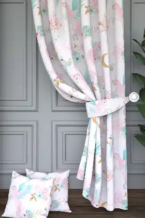 Dökümlü Kumaştan Pembe Mint Unicorn ve Çiçek Desenli Baskılı Fon Perde Geniş En 1. Kalite