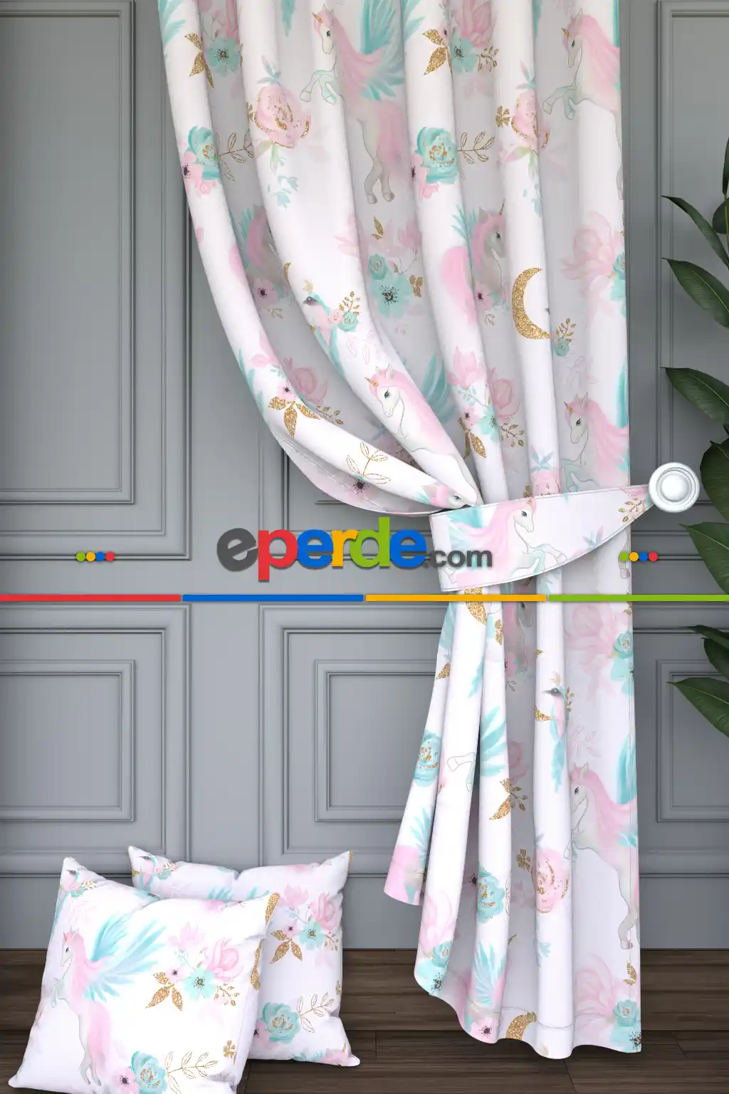 Dökümlü Kumaştan Pembe Mint Unicorn ve Çiçek Desenli Baskılı Fon Perde Geniş En 1. Kalite