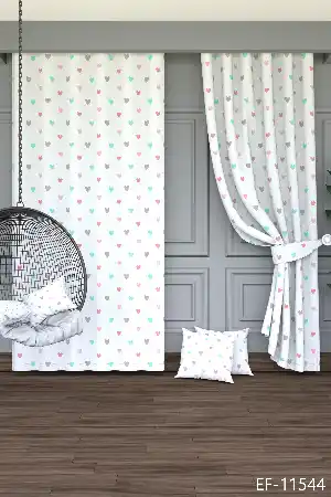 Bebek Odası - Dökümlü Kumaştan Pembe Mint Kalp Desenli Baskılı Fon Perde Geniş En 1. Kalite