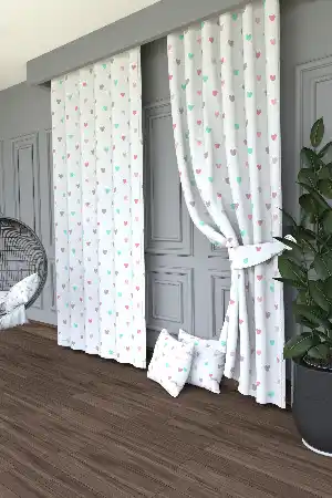 Bebek Odası - Dökümlü Kumaştan Pembe Mint Kalp Desenli Baskılı Fon Perde Geniş En 1. Kalite