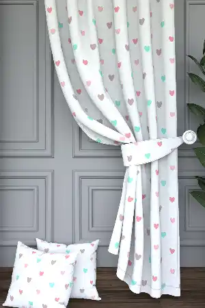 Bebek Odası - Dökümlü Kumaştan Pembe Mint Kalp Desenli Baskılı Fon Perde Geniş En 1. Kalite