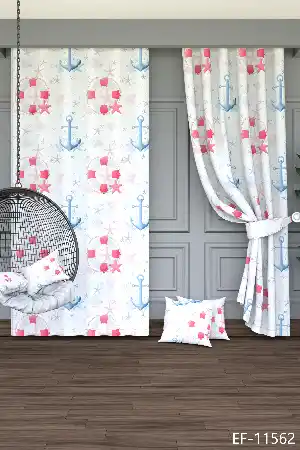 Mavi Denizci Çapa Desenli Baskılı Fon Perde Geniş En 1. Kalite