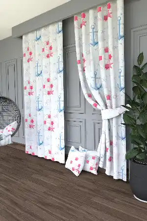 Mavi Denizci Çapa Desenli Baskılı Fon Perde Geniş En 1. Kalite