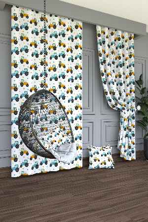 Sarı Traktör Desenli Baskılı Fon Perde Geniş En 1. Kalite