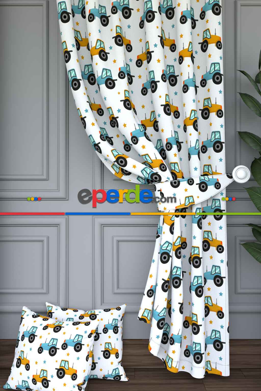 Sarı Traktör Desenli Baskılı Fon Perde Geniş En 1. Kalite