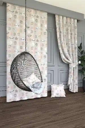Bebek Odası - Dökümlü Kumaştan Bej Somon Gezegen Desenli Baskılı Fon Perde Geniş En 1. Kalite