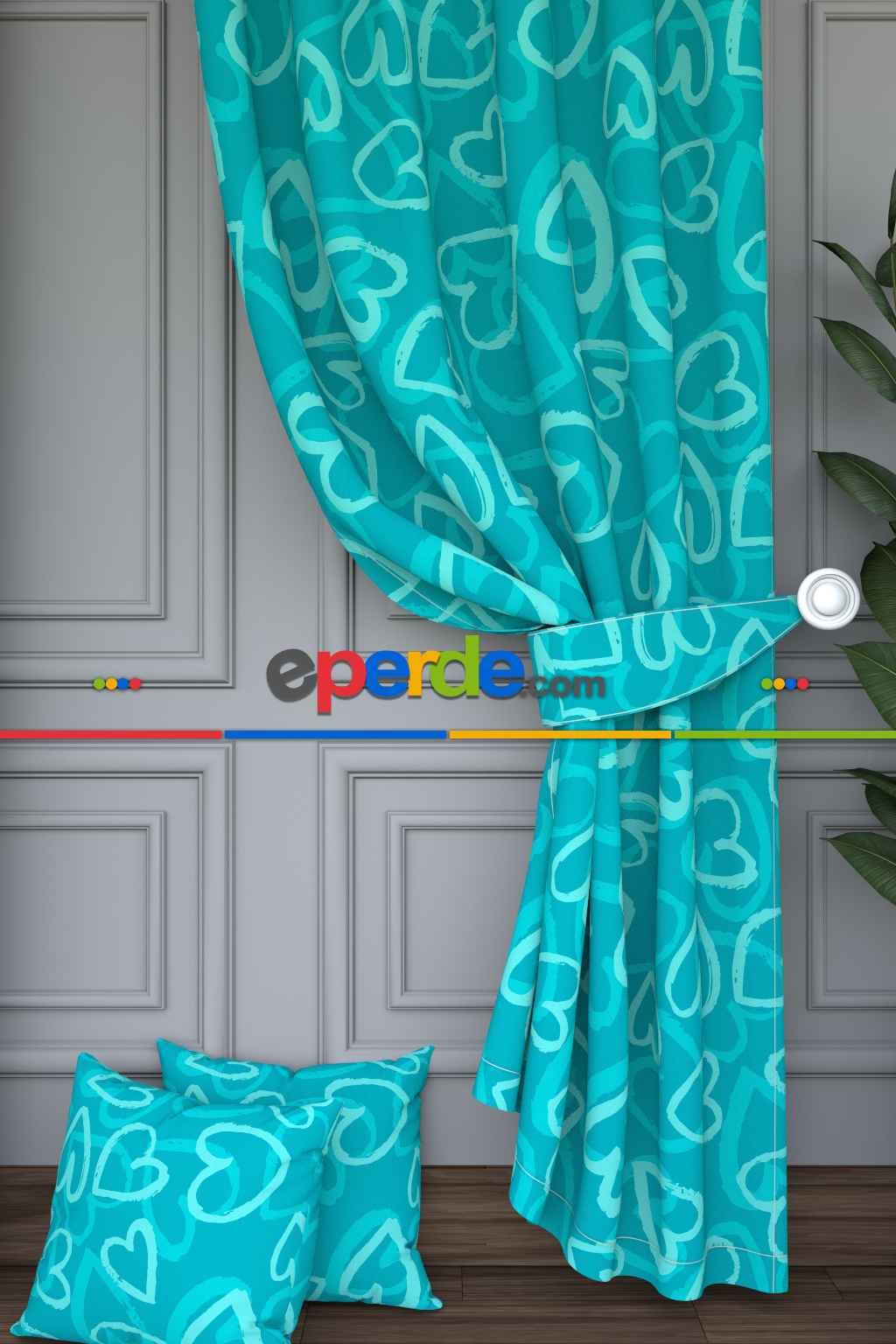 Dökümlü Kumaştan Koyu Mint Yeşil Kalp Desenli Baskılı Fon Perde Geniş En 1. Kalite