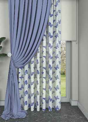 Genç Odası - Lila Kelebek Desenli Keten Zeminli Baskılı Tül Perde