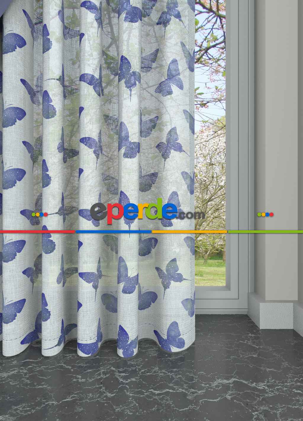 Genç Odası - Lila Kelebek Desenli Keten Zeminli Baskılı Tül Perde