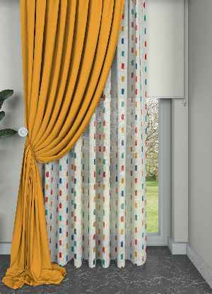 Renkli Modern Desen Keten Zemin Baskılı Tül Perde