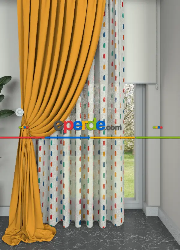 Renkli Modern Desen Keten Zemin Baskılı Tül Perde