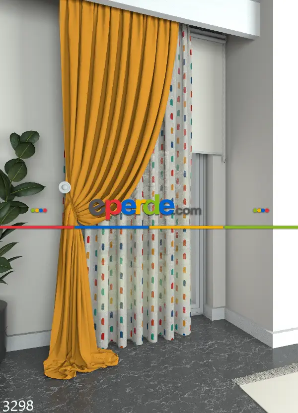 Renkli Modern Desen Keten Zemin Baskılı Tül Perde