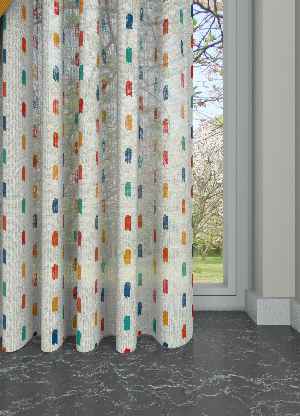 Renkli Modern Desen Keten Zemin Baskılı Tül Perde